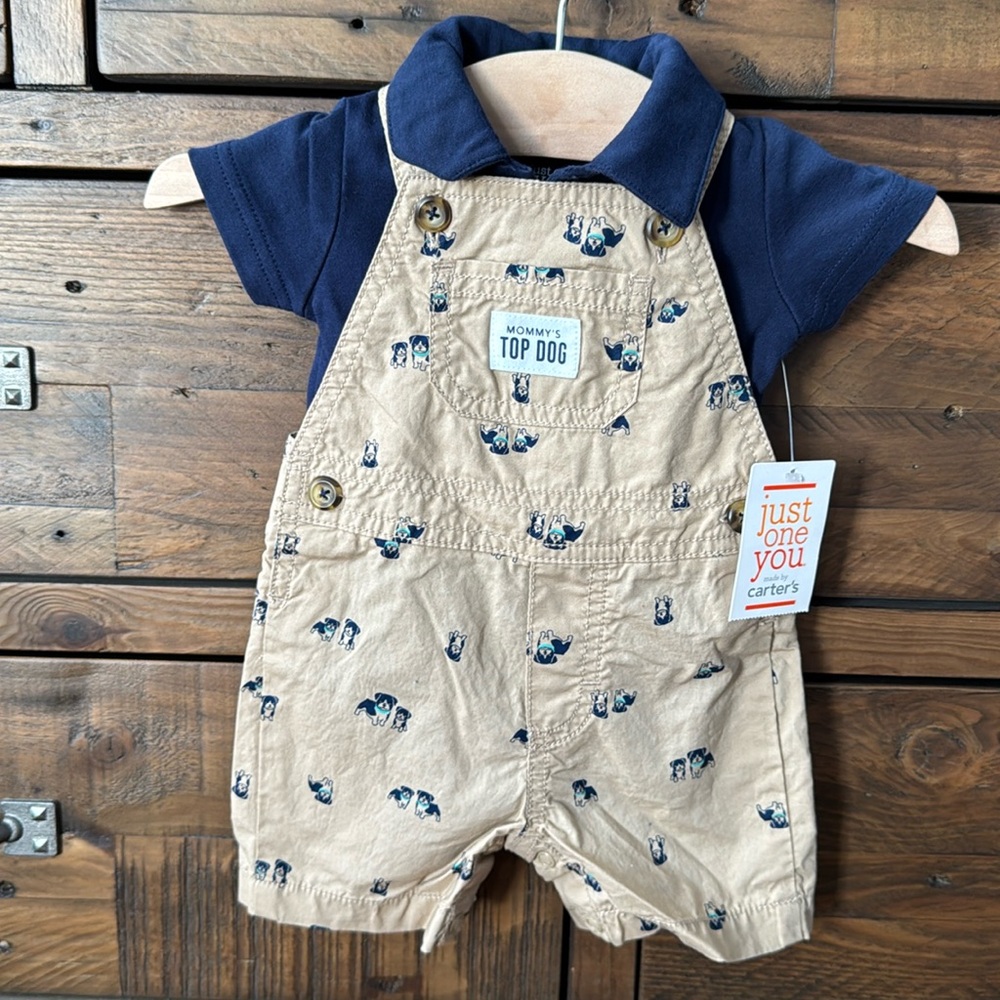 NWT Carter's Baby Boy 3M "Mommy's Top Dog" Khaki Shortall & Navy Tee Set